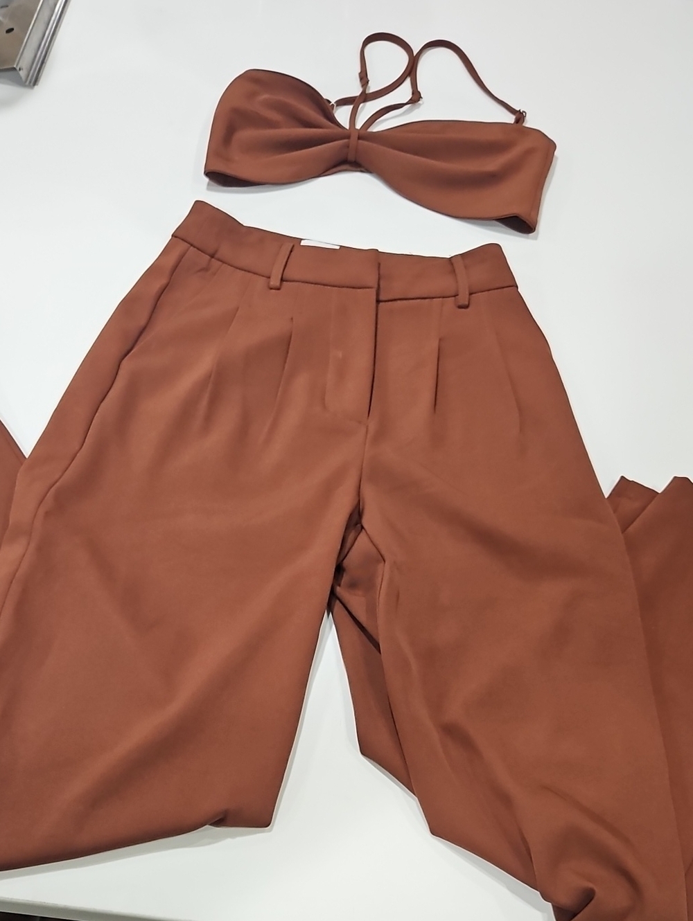 Princess Polly Rust Brown High-Waist Ambient Tailored Trousers & Top 2 Pcs. Sz 0